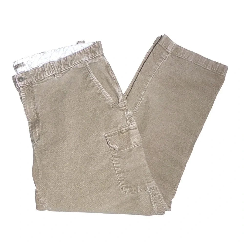 VTG LL Bean Men Tan Corduroy Cargo Pants 44x34 Straight Leg Stretch Khaki 285249